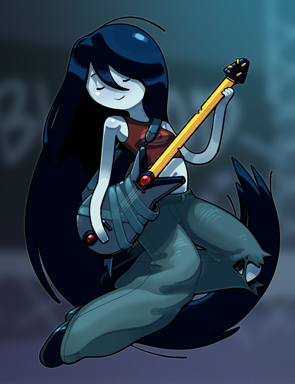 1girl adventure_time bass_guitar bite_mark bite_mark_on_neck black_hair black_shoes breasts colored_skin demon denim discount-supervillain grey_skin guitar highres instrument jeans long_hair marceline_abadeer midriff pants red_tank_top shoes small_breasts smile tank_top torn_clothes torn_jeans torn_pants vampire very_long_hair