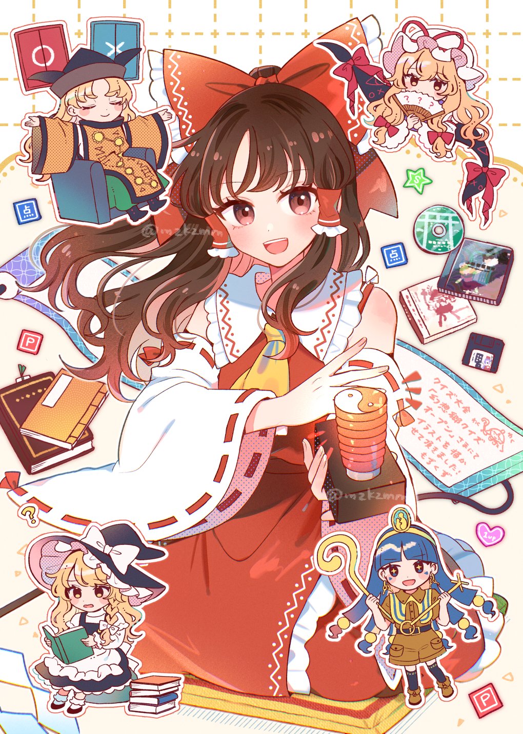 +_+ 5girls :d ? apron ascot bare_shoulders black_boots black_hat black_vest blonde_hair blue_eyes blue_hair bomb_item_(touhou) book bookmark boots bow braid brown_hair brown_shirt brown_shorts cd cd_case chair closed_eyes closed_mouth collared_shirt commentary_request controller detached_sleeves door embodiment_of_scarlet_devil floppy_disk folding_fan frilled_hair_tubes frills gap_(touhou) gold_headdress grid_background hair_bow hair_tubes hakurei_reimu hand_fan hat hat_bow hat_ribbon heart highly_responsive_to_prayers highres holding holding_book holding_controller holding_fan holding_scepter holding_staff joystick kirisame_marisa long_sleeves looking_at_viewer matara_okina michigami_nareko mob_cap mountain_of_faith mozukuzu_(manukedori) multiple_girls open_mouth orange_sleeves orange_tabard outstretched_arms point_item_(touhou) power_item_(touhou) puffy_short_sleeves puffy_sleeves reading red_bow red_eyes red_ribbon red_shirt red_skirt ribbon ribbon-trimmed_sleeves ribbon_trim scepter scroll seiza shirt short_sleeves shorts side_braid single_braid sitting skirt sleeveless sleeveless_shirt smile spread_arms staff star_(symbol) tabard taboo_japan_disentanglement touhou touhou_(pc-98) translation_request vest waist_apron white_apron white_bow white_hat white_shirt white_sleeves wide_sleeves wire witch_hat yakumo_yukari yellow_ascot yellow_eyes yin_yang
