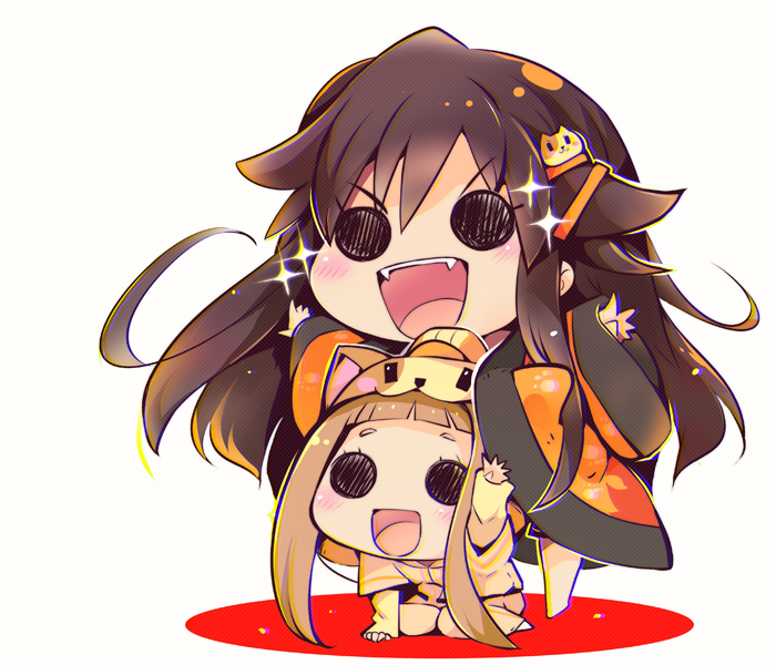 2girls animal_hood black_eyes blunt_bangs brown_hair brown_hoodie brown_skirt cat_hair_ornament cat_hood character_request chibi colored_shadow commentary_request eyelashes fangs hair_ears hair_ornament hairclip hood hood_up hoodie idolmaster idolmaster_cinderella_girls kneeling layered_sleeves leaning_forward light_blush light_particles long_hair long_sleeves multiple_girls open_mouth orange_robe outstretched_arms robe shadow short_hair_with_long_locks short_over_long_sleeves short_sleeves simple_background skirt sleeves_past_wrists smile solid_circle_eyes sparkle standing teeth upper_teeth_only usoneko v-shaped_eyebrows very_long_hair white_background white_sleeves wide_sleeves