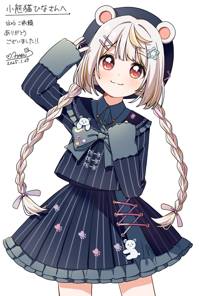 1girl :3 animal_ears arm_up bear_ears blonde_hair blue_bow blue_bowtie blue_hat blue_skirt blush bow bowtie braid closed_mouth commentary_request commission cowboy_shot dated dot_nose frilled_skirt frills grey_hair hair_ornament hair_ribbon hairclip hand_up haru_(konomi_150) hat long_hair long_sleeves looking_at_viewer multicolored_hair original paw_print pleated_skirt print_skirt purple_ribbon real_life_insert red_eyes ribbon shirt signature simple_background skeb_commission skirt skirt_set sleeves_past_wrists smile solo star_(symbol) star_hair_ornament streaked_hair striped_clothes striped_shirt striped_skirt twin_braids white_background