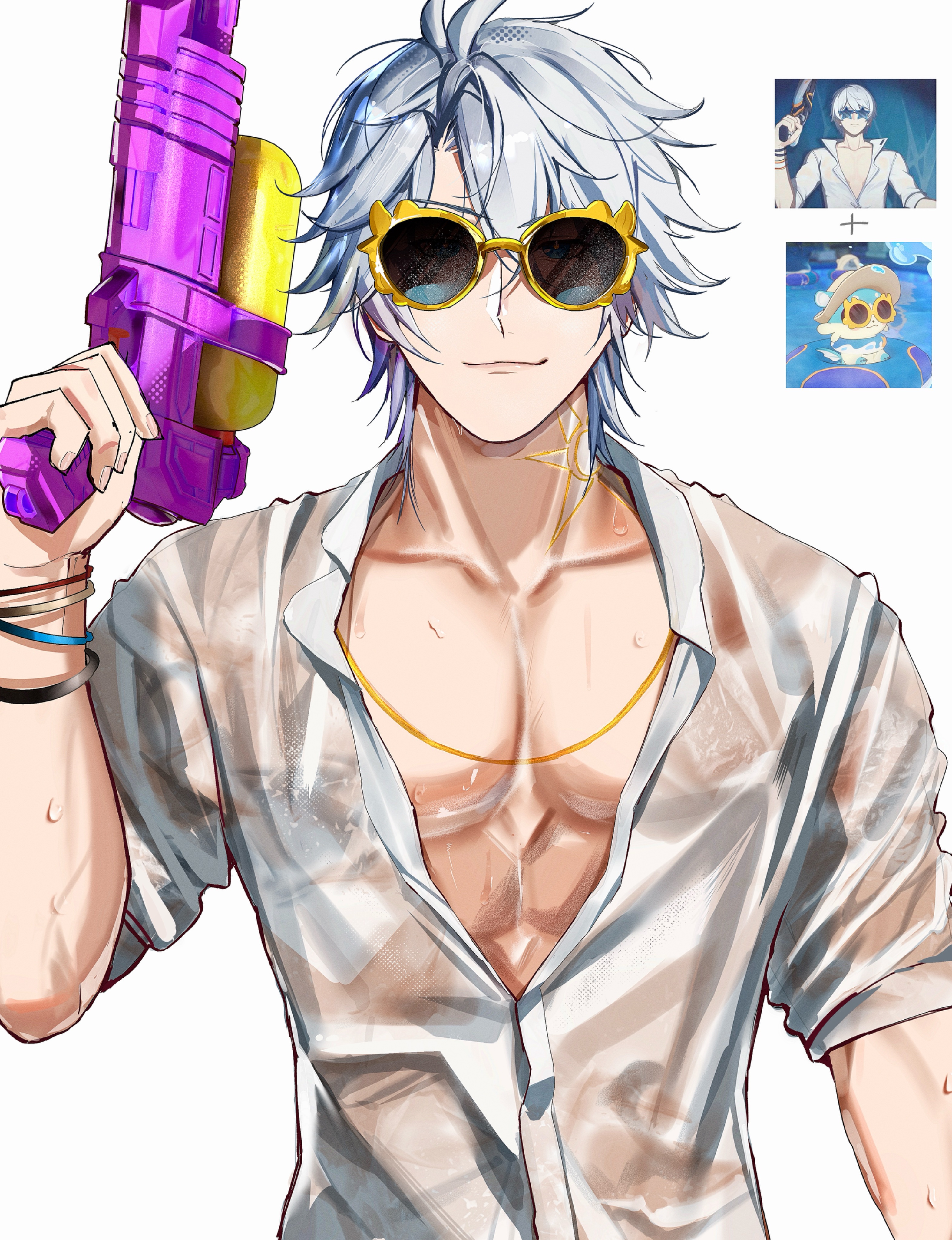 1boy abs absurdres blue_eyes bracelet chimera_(honkai:_star_rail) collarbone color_connection company_connection cosplay game_screenshot_inset hair_color_connection highres hino_satoshi holding holding_water_gun honkai:_star_rail honkai_(series) honkai_impact_3rd jewelry kevin_kaslana kevin_kaslana_(cosplay) male_focus neck_tattoo phainon_(honkai:_star_rail) reference_inset sheimuu shirt short_hair simple_background smile solo sunglasses tattoo toned toned_male trait_connection voice_actor_connection water_gun wet wet_clothes wet_shirt white_background white_hair white_shirt