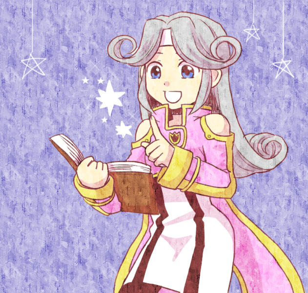 bare_shoulders blue_background blue_eyes book dress grey_hair headband jacket long_hair mel_(tales) open_mouth pantyhose star_(symbol) tales_of_(series) tales_of_phantasia:_narikiri_dungeon tales_of_phantasia:_narikiri_dungeon_x