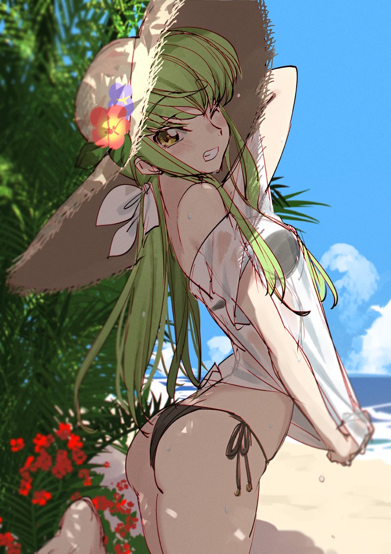 1girl beach bikini black_bikini blue_sky c.c. clothes_pull cloud code_geass creayus day green_eyes green_hair grin hat horizon looking_at_viewer low_ponytail ocean one_eye_closed outdoors plant ponytail shirt shirt_pull side-tie_bikini_bottom sky smile solo standing straw_hat sun_hat swimsuit white_shirt