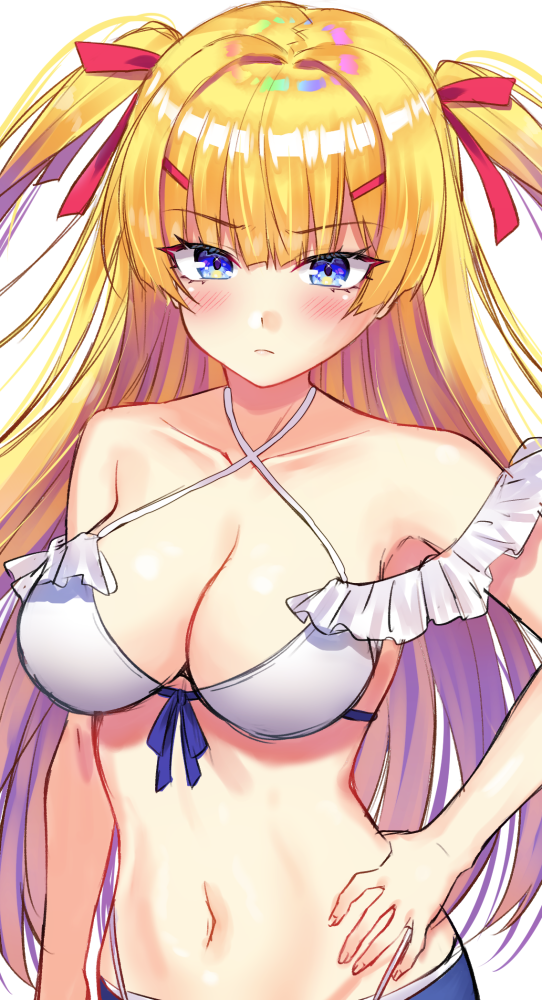 1girl azur_lane bad_id bad_pixiv_id bare_shoulders bikini blonde_hair blue_eyes blush breasts cleavage closed_mouth collarbone commentary_request female_focus frilled_bikini frills hair_between_eyes hair_ornament hair_ribbon hairclip hand_on_own_hip highleg highleg_bikini honami_(yths4221) long_hair looking_at_viewer medium_breasts navel red_ribbon ribbon simple_background solo sussex_(azur_lane) swimsuit two_side_up upper_body very_long_hair white_background white_bikini