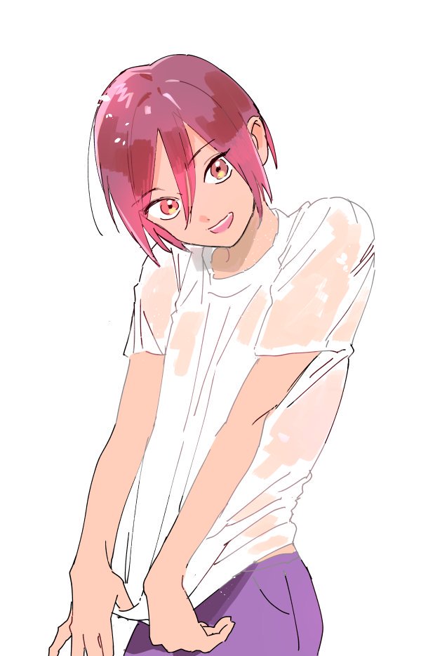1boy aged_down commentary_request cowboy_shot free! grin hair_between_eyes head_tilt holding holding_shirt holding_unworn_clothes looking_at_viewer male_focus matsuoka_rin orange_eyes pants purple_pants red_hair shirt short_hair short_sleeves simple_background smile teeth tmku tsurime unworn_shirt upper_teeth_only wet wet_clothes wet_shirt white_background white_shirt