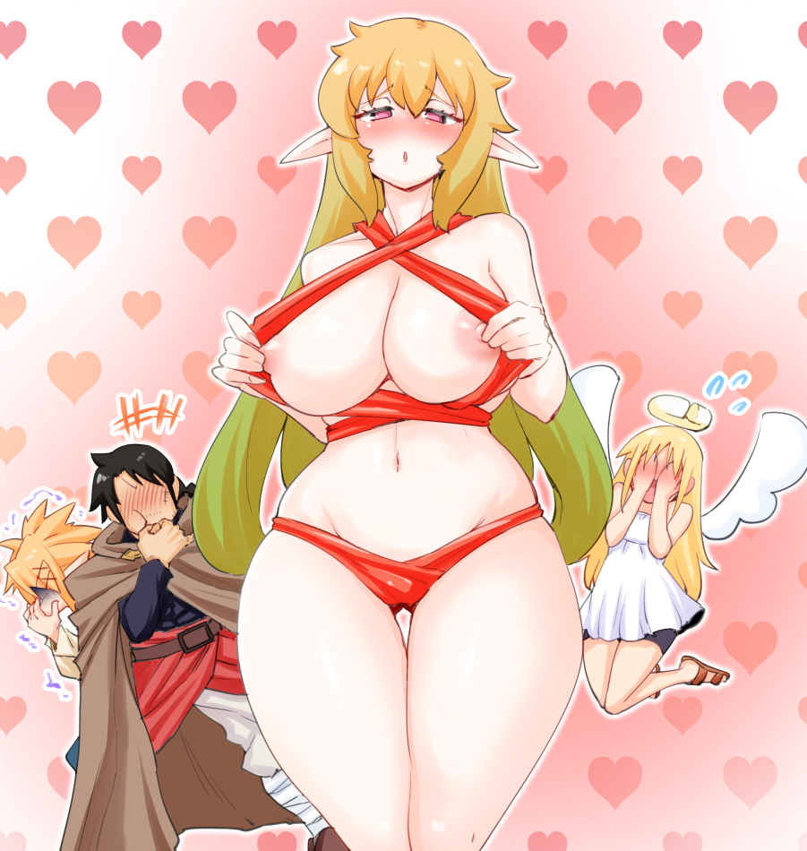1girl 1other 2boys angel angel_wings blonde_hair blush breasts broken_halo cape crimvael elf elma_(ishuzoku_reviewers) green_hair hair_ornament halo heart heart_background ishuzoku_reviewers large_breasts long_hair looking_at_viewer multicolored_hair multiple_boys naked_ribbon navel nenbuta nipples open_mouth pointy_ears ponytail purple_eyes ribbon scar short_hair stunk whistling wings x_hair_ornament zel_(ishuzoku_reviewers)