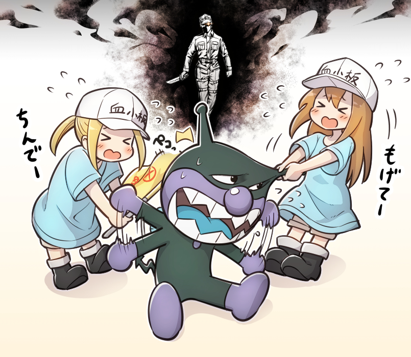 2boys 2girls ^^^ afterimage anpanman aura baikinman baseball_cap blonde_hair blue_shirt blue_tongue breast_pocket brown_hair brown_shorts cargo_pants colored_tongue combat_knife commentary_request contllenge crossover dark_aura demon_horns demon_tail flag flying_sweatdrops glowing glowing_eye hair_between_eyes hat hataraku_saibou holding holding_flag holding_knife horns knife long_hair long_sleeves multiple_boys multiple_girls oversized_clothes oversized_shirt pants platelet_(hataraku_saibou) pocket shirt shorts sidelocks tail translated u-1146 weapon white_blood_cell_(hataraku_saibou) white_headwear