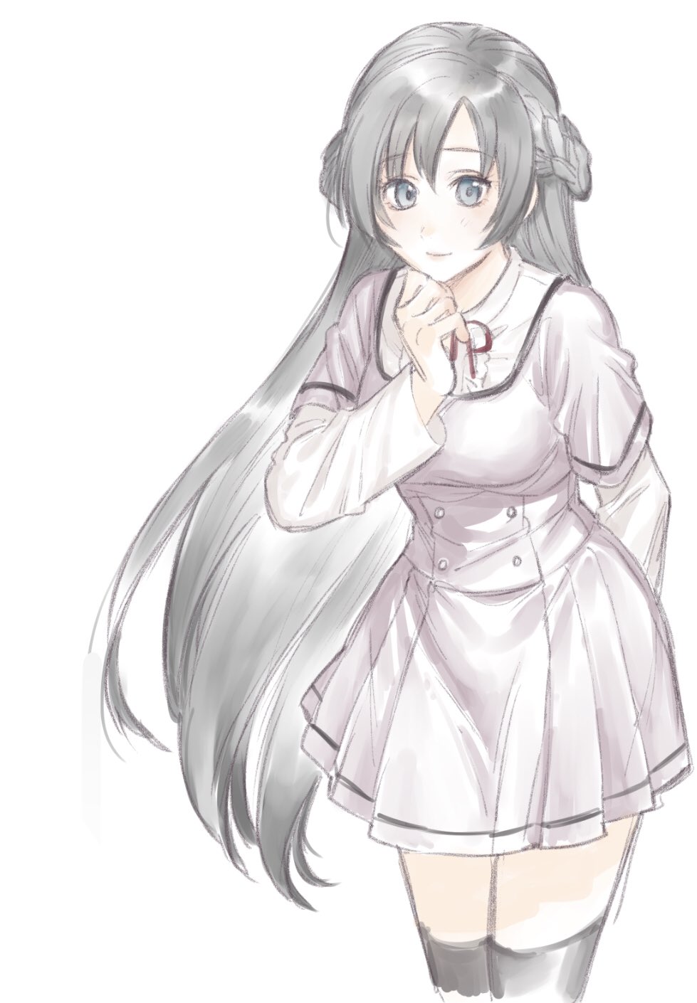 1girl arm_behind_back black_hair black_thighhighs blue_eyes braid buttons center_frills closed_mouth collared_shirt cowboy_shot frills hand_on_own_chin hand_up highres kozue_mayu layered_sleeves long_hair long_sleeves looking_at_viewer magia_record:_mahou_shoujo_madoka_magica_gaiden mahou_shoujo_madoka_magica miniskirt mizuna_girls&#039;_academy_school_uniform neck_ribbon pleated_skirt purple_shirt purple_skirt ribbon school_uniform shirt shirt_under_shirt short_over_long_sleeves short_sleeves simple_background skirt smile solo standing thighhighs very_long_hair white_background white_shirt yukishiro_(hitsuji)
