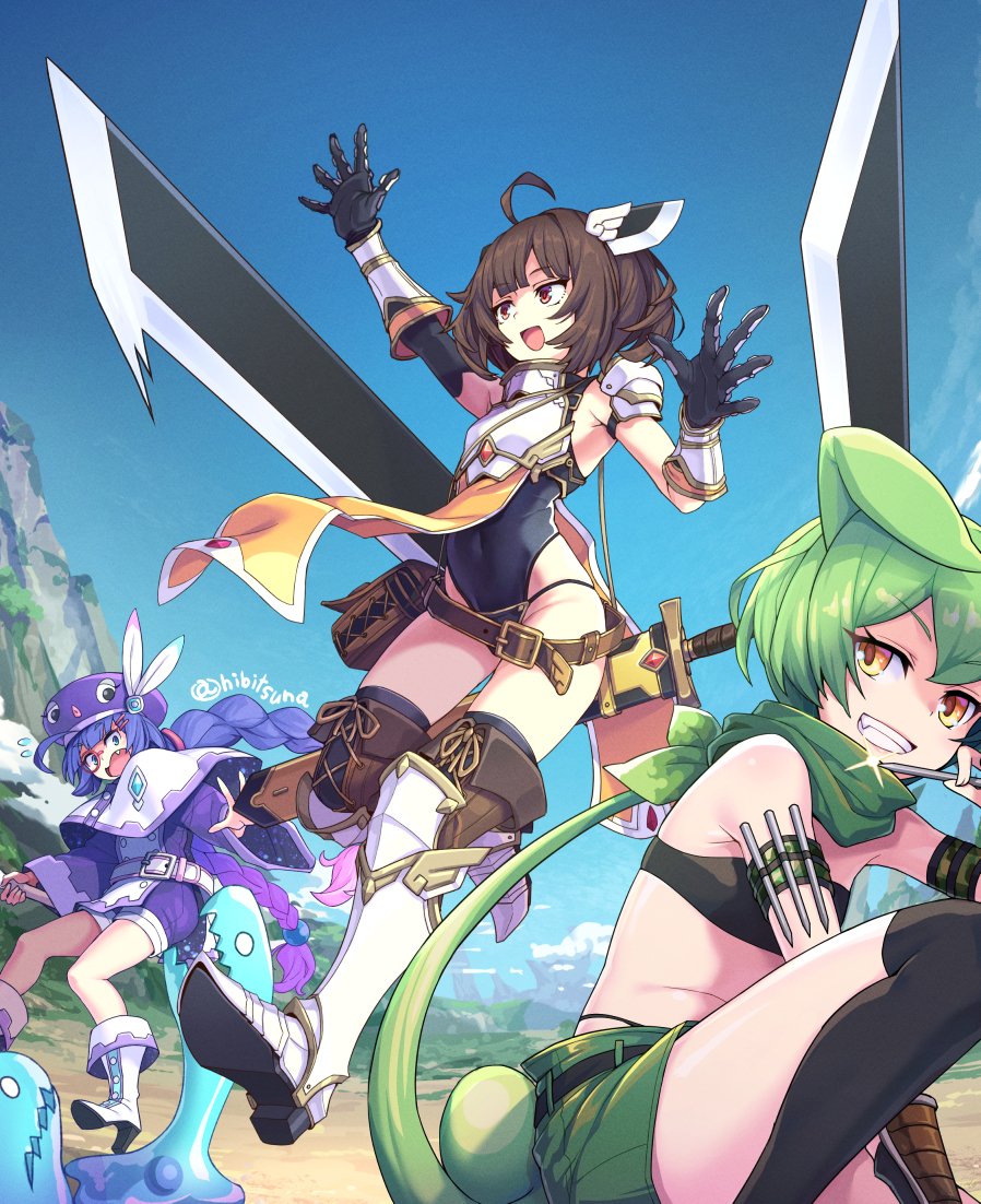 3girls alternate_costume arm_holster arm_up armor attack bandana bandana_around_neck bandeau belt beret black_bandeau black_gloves black_leotard black_thighhighs blue_eyes blue_hair blue_sky boots braid breastplate brown_belt capelet day elbow_gloves fang fantasy floating floating_hair floating_object floating_sword floating_weapon gauntlets gloves gradient_hair greaves green_bandana green_shorts grin hat headgear hibi_tsuna high_heel_boots high_heels highleg highleg_leotard holding holding_needle holding_staff huge_weapon jumping leotard long_hair long_sleeves looking_ahead loose_belt low_ponytail low_twin_braids midair monocle multicolored_hair multiple_girls needle on_one_knee otomachi_una outdoors pauldrons pink_hair poleyn ponytail purple_hat red_eyes romper sabaton sheath sheathed short_shorts shorts shoulder_armor shoulder_strap single_pauldron sky sleeveless slime_(creature) smile staff stomach surprised sword sword_on_back tabard thigh_boots thighhighs throwing_needles touhoku_kiritan twin_braids twintails twitter_username vambraces very_long_hair vocaloid voiceroid voicevox weapon weapon_on_back white_belt white_capelet white_footwear white_tabard wide-eyed wide_sleeves winged_hair_ornament yellow_eyes yellow_tabard zundamon