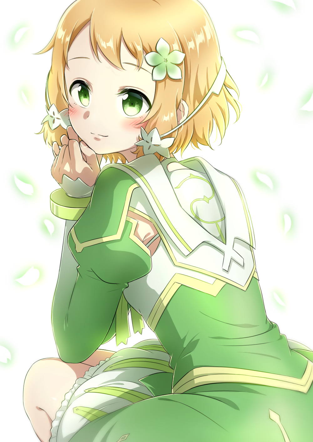 1girl armpit_cutout blonde_hair bracelet closed_mouth clothing_cutout dress eda_udon flower from_side gradient_sleeves green_dress green_eyes green_flower hair_flower hair_ornament highres inubouzaki_itsuki jewelry long_sleeves mankai short_hair sitting sleeves_past_wrists solo white_background yuuki_yuuna_wa_yuusha_de_aru yuusha_de_aru