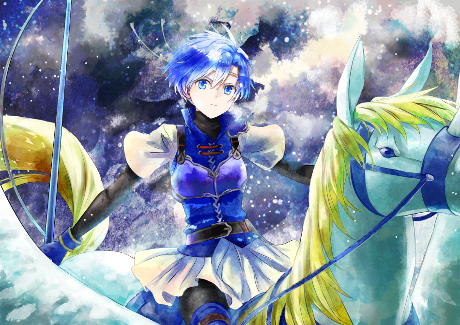 1boy 1girl armor blue_armor blue_hair blue_thighhighs breastplate fire_emblem fire_emblem:_the_binding_blade headband holding holding_polearm holding_weapon horseback_riding night night_sky nintendo pegasus polearm riding shanna_(fire_emblem) shoochiku_bai shoulder_armor sky solo thighhighs weapon
