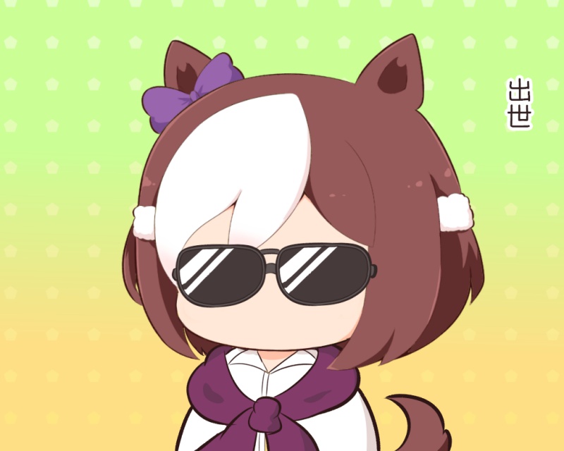 1girl animal_ears bow brown_background brown_hair chibi collared_shirt dress_shirt ear_bow facing_viewer gomashio_(goma_feet) gradient_background green_background horse_ears horse_girl horse_tail jacket jacket_around_neck multicolored_hair polka_dot polka_dot_background purple_bow purple_jacket shirt solo special_week_(umamusume) sunglasses tail translation_request two-tone_hair umamusume upper_body white_hair white_shirt