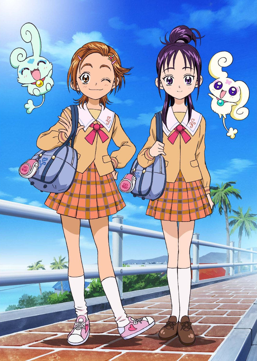 00s 2girls ;) bag blue_eyes blue_hair brown_eyes brown_hair choppy flappy futari_wa_precure_splash_star half_updo highres hyuuga_saki inagami_akira kawamura_toshie kneehighs long_hair looking_at_viewer mishou_mai multiple_girls official_art one_eye_closed precure school_uniform short_hair skirt smile socks yuunagi_middle_school_uniform