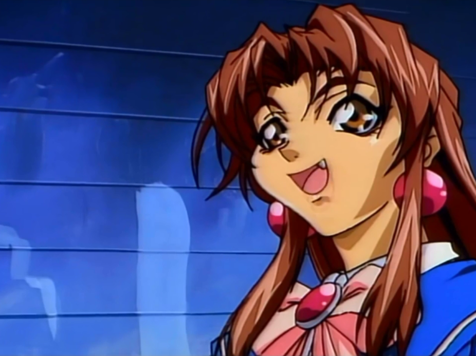 1990s_(style) 1girl brown_eyes brown_hair choujin_gakuen_gowcaizer fang fang_out jewelry oobari_masami retro_artstyle ribbon_trim school_uniform smile son_karin