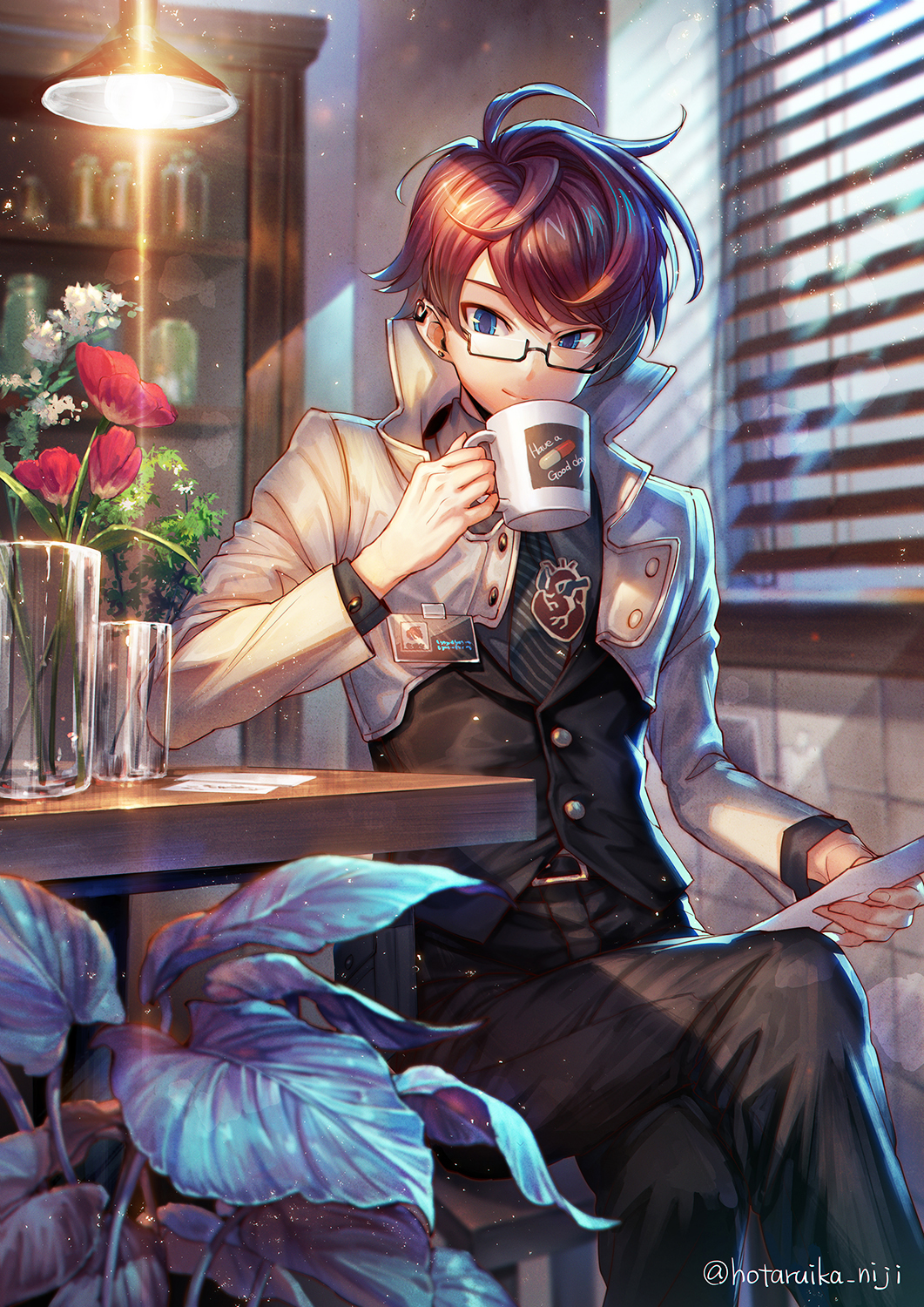 1boy artist_name belt blue_eyes brown_hair buttons commentary_request cup earrings flower highres holding holding_cup holding_paper hotaruika_niji indoors jacket jewelry lamp mug original pants paper plant shirt sitting smile solo table tile_wall tiles white_jacket window