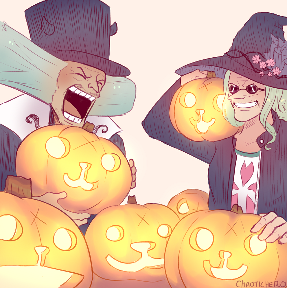 1boy 1girl ^_^ caydeus closed_eyes coat commentary dr._hiluluk dr._kureha english_commentary facial_hair grey_hair hat holding holding_pumpkin jacket long_hair mustache one_piece open_mouth pumpkin round_eyewear simple_background smile sunglasses upper_body witch_hat