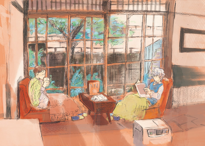 2boys bad_id bad_pixiv_id blanket brown_hair closed_eyes drinking ikari_shinji living_room male_focus motunikomi multiple_boys nagisa_kaworu neon_genesis_evangelion outdoors reading room short_hair sitting slice_of_life table tree white_hair