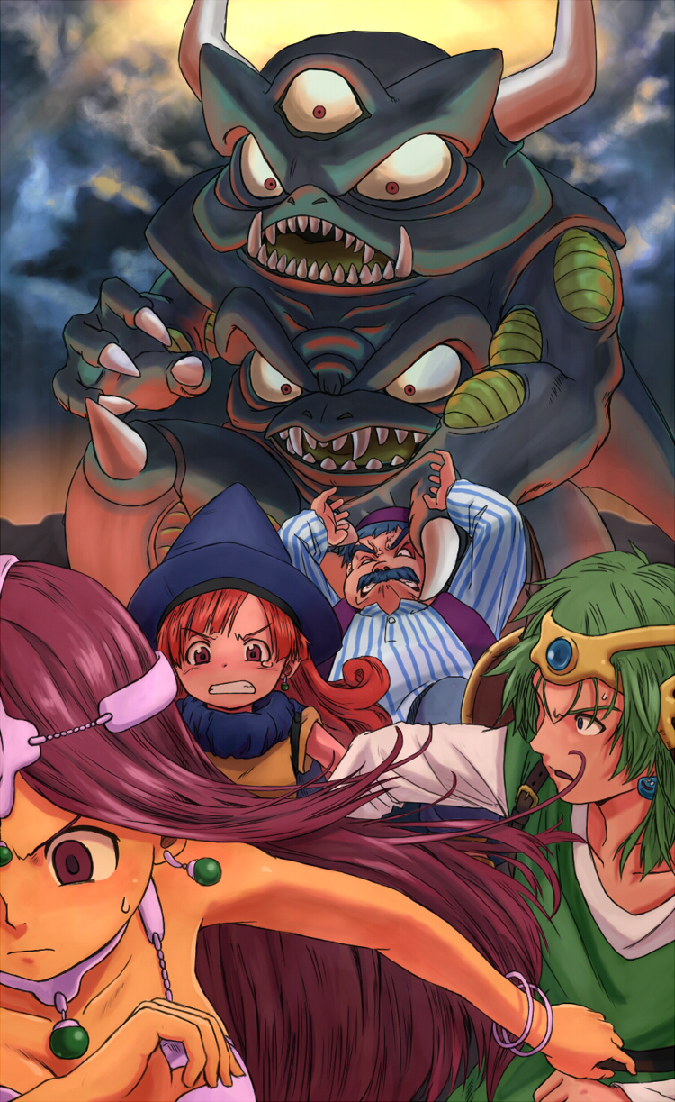 2boys 2girls alena_(dq4) bracelet chunsoft circlet death_pisaro dragon_quest dragon_quest_iv earrings enix grabbing green_hair hat hero_(dq4) highres jewelry manya_(dq4) multiple_boys multiple_girls necklace pisaro psaro purple_hair red_hair running spoilers toraneko torneko torneko_taloon