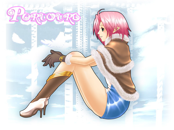 1girl 2000s_(style) blue_background blue_dress blue_eyes blush boots brown_boots brown_cape brown_gloves cape commentary_request dress feliciel full_body fur-trimmed_cape fur-trimmed_gloves fur_trim gloves high_heel_boots high_heels high_wizard_(ragnarok_online) looking_afar multicolored_boots open_mouth pink_hair pointy_ears ragnarok_online short_dress short_hair sitting smile solo two-tone_boots white_boots