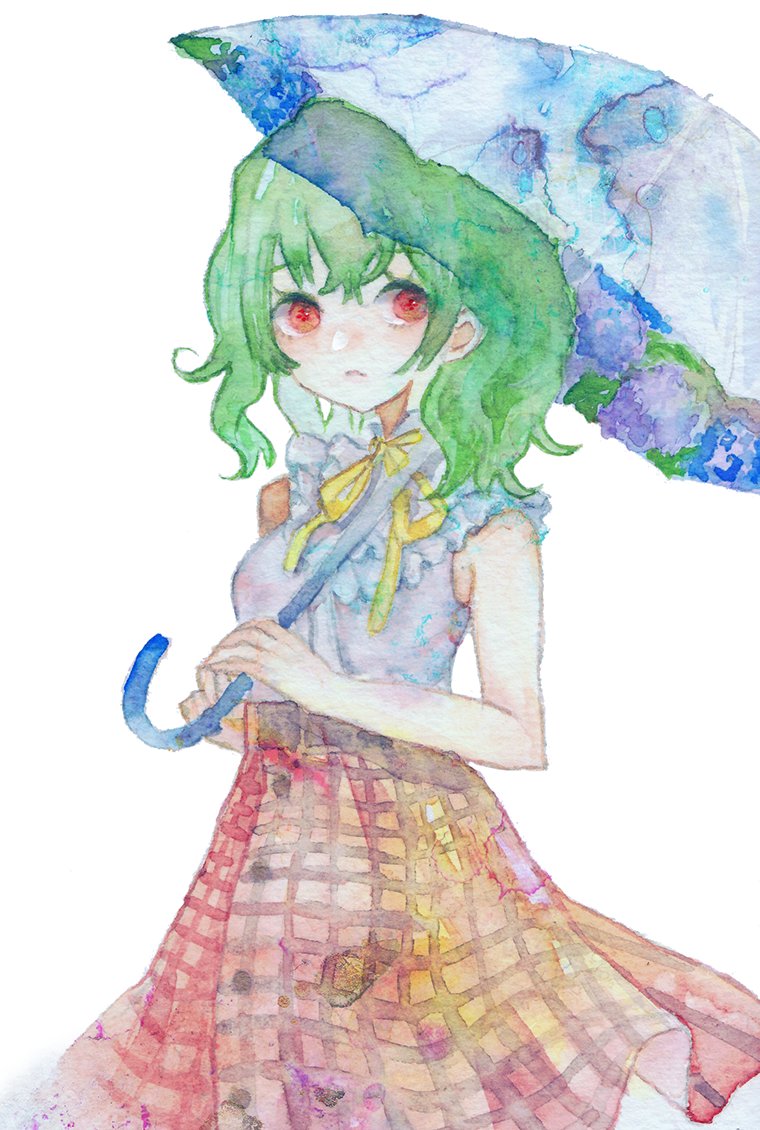 1girl commentary flower green_hair holding holding_umbrella kazami_yuuka looking_at_viewer medium_hair plaid_clothes plaid_skirt red_eyes red_skirt rose sano_naoi shirt simple_background skirt sleeveless sleeveless_shirt solo touhou traditional_media umbrella umbrella_flower white_background white_shirt yellow_flower yellow_rose
