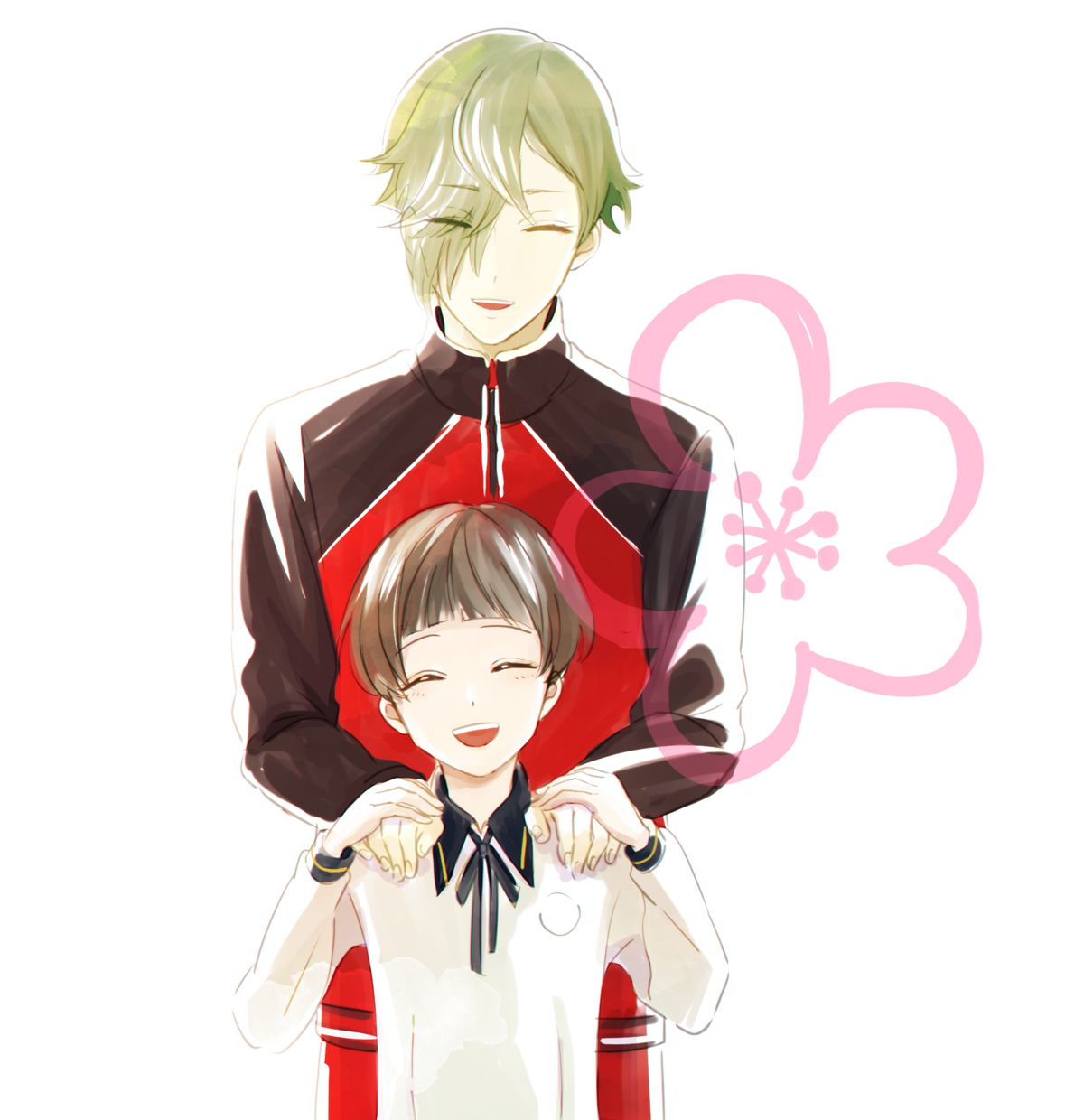 10s 2boys bad_id bad_twitter_id bob_cut casual cherry_blossoms closed_eyes eyes_visible_through_hair flower green_hair hair_over_one_eye hands_on_another's_shoulders highres hirano_toushirou jacket male_focus multiple_boys simple_background smile touken_ranbu touken_ranbu:_hanamaru track_jacket track_suit uguisumaru upper_body