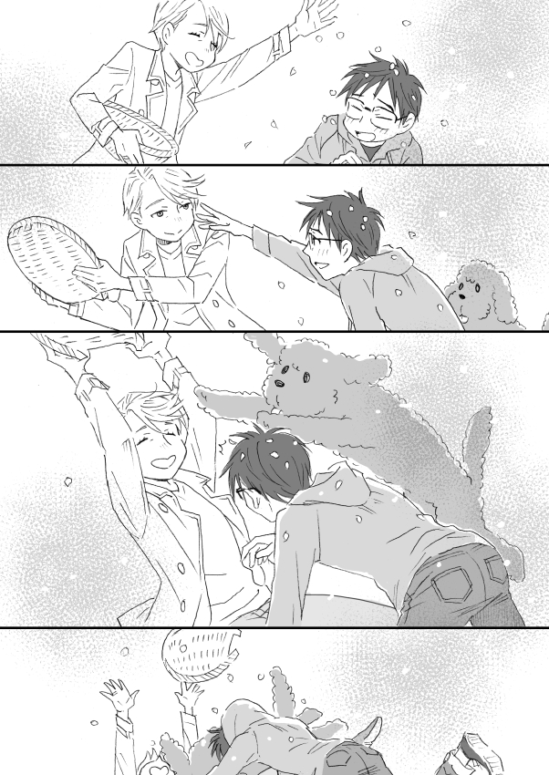 10s 2boys ^_^ basket comic dog closed_eyes glasses greyscale heart-shaped_mouth hood hoodie katsuki_yuuri makkachin male_focus monochrome multiple_boys open_mouth petals silent_comic smile tenzaru_(22773236) viktor_nikiforov yuri!!!_on_ice