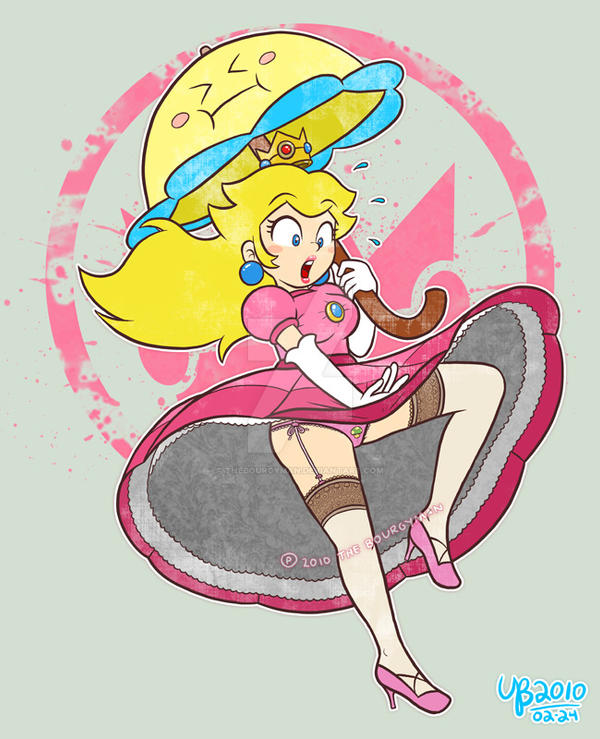 1girl blonde_hair blue_eyes blush bow breasts crown earrings embarrassed floating full_body gloves high_heels jewelry legs long_hair mario_(series) medium_breasts nintendo open_mouth panties perry_(mario) pink_bow pink_panties princess_peach skirt super_princess_peach thebourgyman thighhighs umbrella underwear upskirt