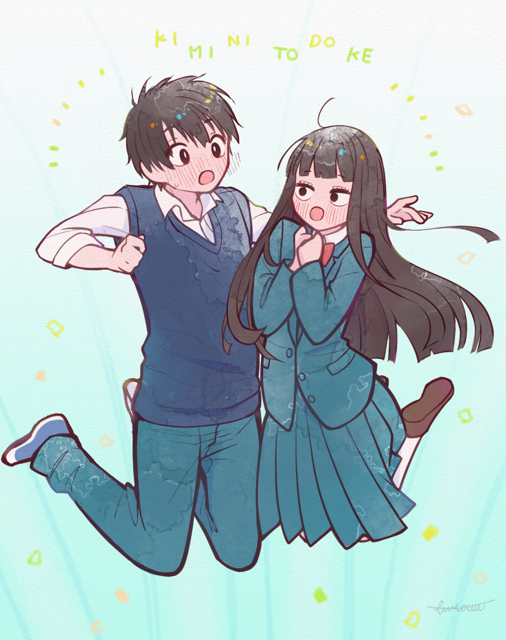 1boy 1girl black_hair blue_footwear blue_pants blue_shirt blue_skirt blue_sweater blush bow brown_footwear copyright_name flustered full_body hetero highres hitomi_(mi70359147) kazehaya_shouta kimi_ni_todoke kneehighs kneeling kuronuma_sawako long_hair looking_at_another open_mouth own_hands_together pants red_bow shirt short_hair skirt sleeveless socks sweater white_shirt white_socks