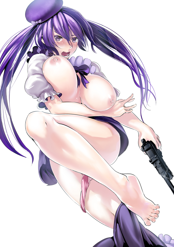 1girl barefoot beret blush botan_mochito bouncing_breasts breasts feet female_focus gochuumon_wa_usagi_desu_ka? gun handgun hat large_breasts long_hair mauser_c96 nipples open_mouth panties panties_around_leg pistol puffy_short_sleeves puffy_sleeves purple_eyes purple_hair short_sleeves solo tedeza_rize twintails unaligned_breasts underwear weapon