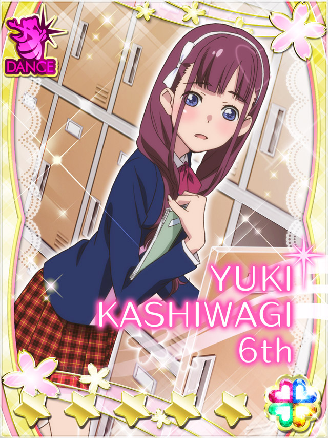 1girl akb0048 blue_eyes blue_jacket blunt_bangs blush bow bowtie card_(medium) character_name cowboy_shot dutch_angle fanged_bangs from_side getabako heart holding holding_notebook indoors jacket kashiwagi_yuki_(akb0048) long_hair long_sleeves looking_at_viewer non-web_source notebook official_art open_mouth plaid_clothes plaid_skirt pleated_skirt purple_hair red_bow red_bowtie red_skirt school school_uniform skirt solo sparkle star_(symbol)