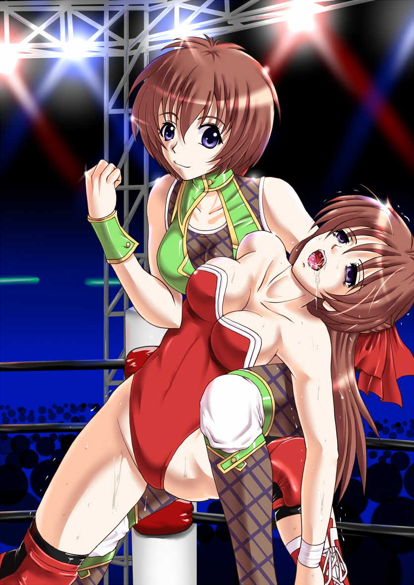 2girls abdominal_stretch breasts brown_hair cleavage defeat drooling empty_eyes female_focus fishnet_pantyhose fishnets foaming_at_the_mouth knee_pads leotard long_hair multiple_girls mutou_megumi open_mouth pantyhose purple_eyes rigid saliva short_hair submission sweat unconscious wrestle_angels wrestle_angels_survivor wrestling wrestling_outfit wrestling_ring wristband yoshihara_mimi