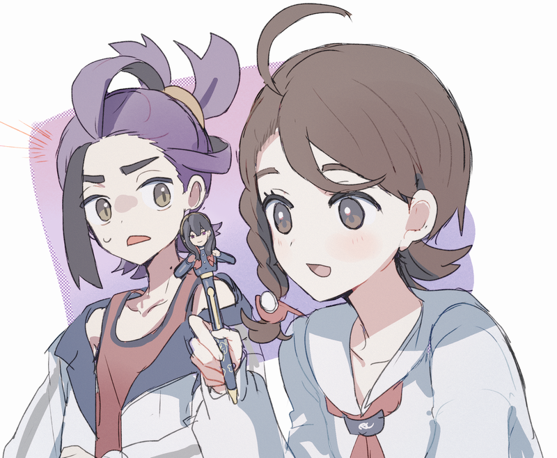 1boy 1girl :d ahoge braid brown_eyes brown_hair carmine_(pokemon) collared_shirt commentary_request hand_up holding holding_pen jacket juliana_(pokemon) kieran_(pokemon) looking_down mole mole_on_neck multicolored_hair mxkjxm_(nhss2337) nintendo open_clothes open_jacket open_mouth pen pokemon pokemon_sv purple_hair red_shirt shirt sleeveless sleeveless_shirt smile sweatdrop two-tone_hair white_jacket white_shirt