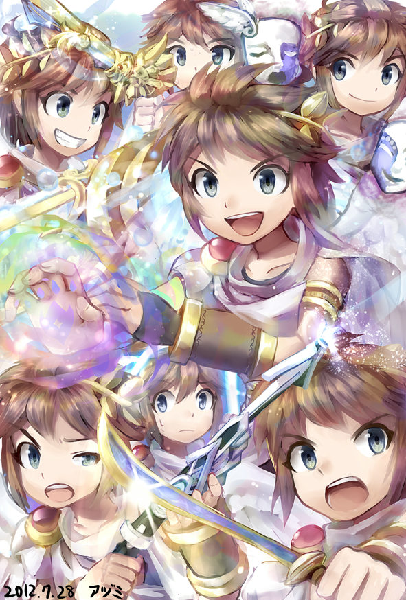 :d armlet azumi_(tks-sd) bracer brown_hair fingerless_gloves gemini_orbitars_(kid_icarus) gloves gold_armlet holding holding_sword holding_weapon jewelry kid_icarus kid_icarus_uprising laser_staff_(kid_icarus) nintendo open_mouth palutena_blade_(kid_icarus) palutena_bow_(kid_icarus) pit_(kid_icarus) poseidon_cannon_(kid_icarus) sidelocks single_fingerless_glove small_sweatdrop smile sword teeth upper_teeth_only v-shaped_eyebrows violet_palm_(kid_icarus) weapon