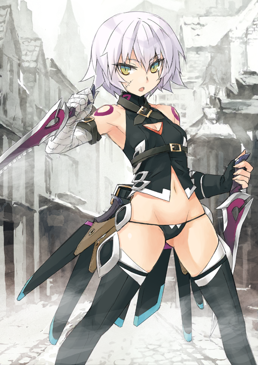 1girl :o architecture arm_belt bandaged_arm bandaged_hand bandages bare_shoulders belt belt_buckle belt_collar black_gloves black_panties black_shirt black_thighhighs boots breasts brown_belt buckle buttons chest_belt cleavage_cutout clothing_cutout collar dagger dual_wielding facial_scar fate/grand_order fate_(series) feet_out_of_frame fingerless_gloves gloves green_eyes groin hair_between_eyes halterneck high_collar holding holding_dagger holding_knife holding_weapon jack_the_ripper_(fate/apocrypha) knife konoe_ototsugu legs_apart long_sleeves looking_at_viewer maria_the_ripper midriff multiple_scars navel open_mouth panties reverse_grip scar scar_across_eye scar_on_cheek scar_on_face sheath shirt short_hair shoulder_tattoo single_glove small_breasts solo standing stitches tattoo thigh_boots thighhighs underwear weapon white_hair wide_sleeves