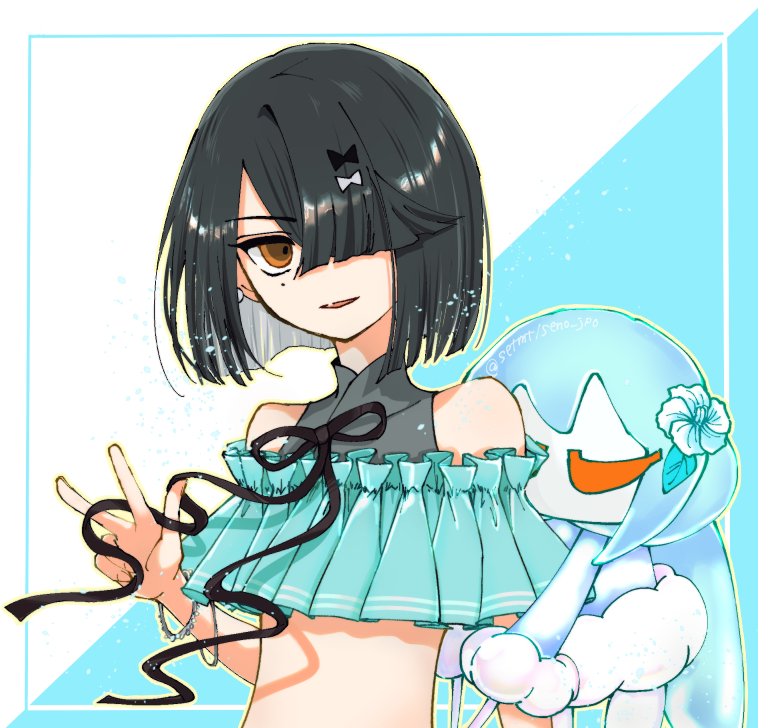 1girl aqua_bikini bare_shoulders bikini black_hair bracelet breasts brown_eyes character_doll doll fate/grand_order fate_(series) hair_over_one_eye jewelry lady_yu_doll looking_at_viewer mole mole_under_eye multicolored_hair open_mouth ribbon setmt short_hair small_breasts smile solo swimsuit v white_hair xu_fu_(fate) xu_fu_(swimsuit_avenger)_(second_ascension)_(fate)