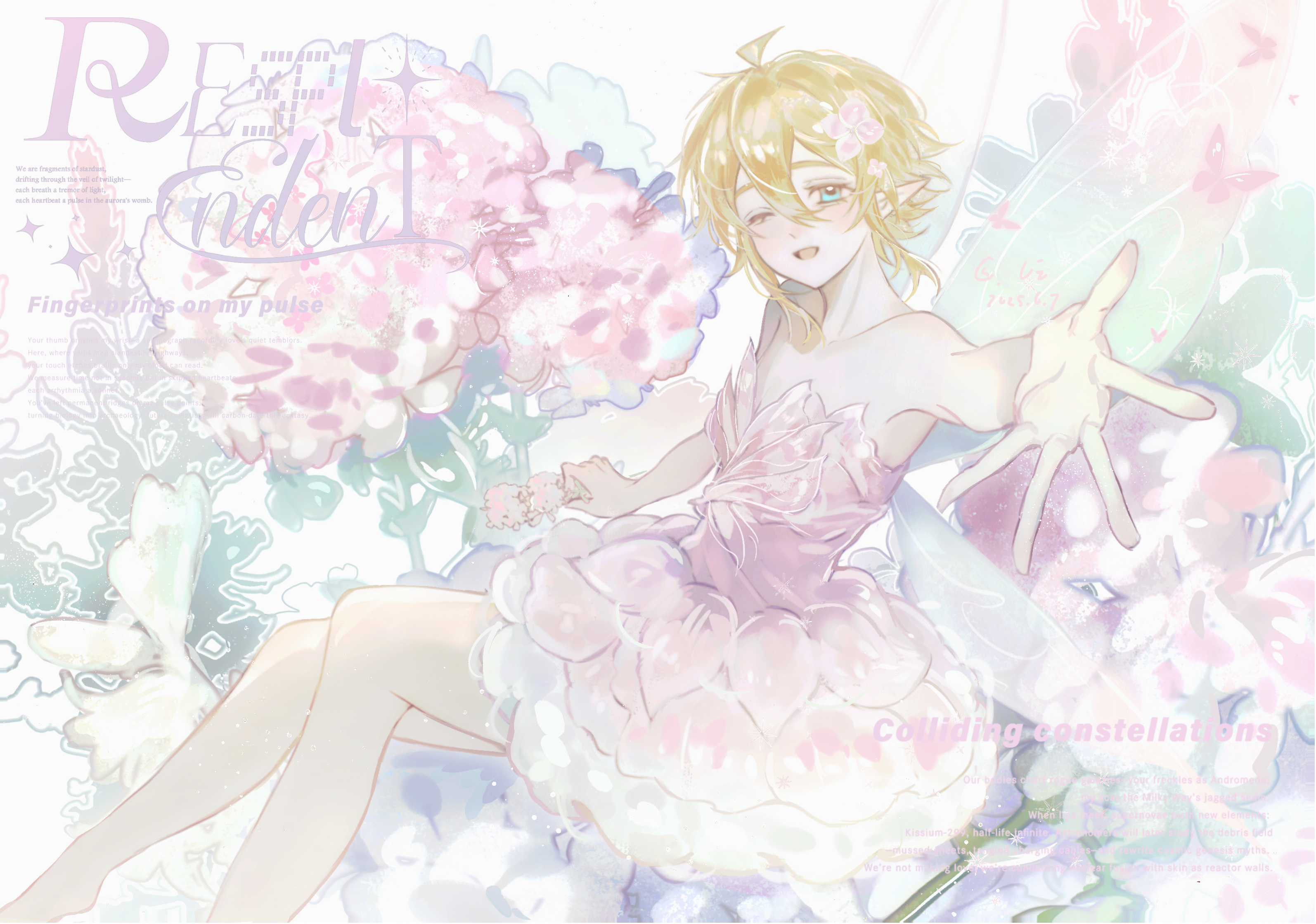 1boy ;d ahoge alternate_costume aotu_world bare_legs bare_shoulders barefoot blonde_hair blue_eyes blush chinese_commentary crossdressing crossdressing_(mtf) dress english_text fairy fairy_wings flower hair_between_eyes hair_flower hair_ornament highres king_(aotu_world) leaf looking_at_viewer male_focus one_eye_closed open_hand open_mouth outstretched_arm outstretched_hand pink_dress pink_flower plant plutoray pointy_ears short_dress short_hair sitting smile solo strapless strapless_dress watermark wings