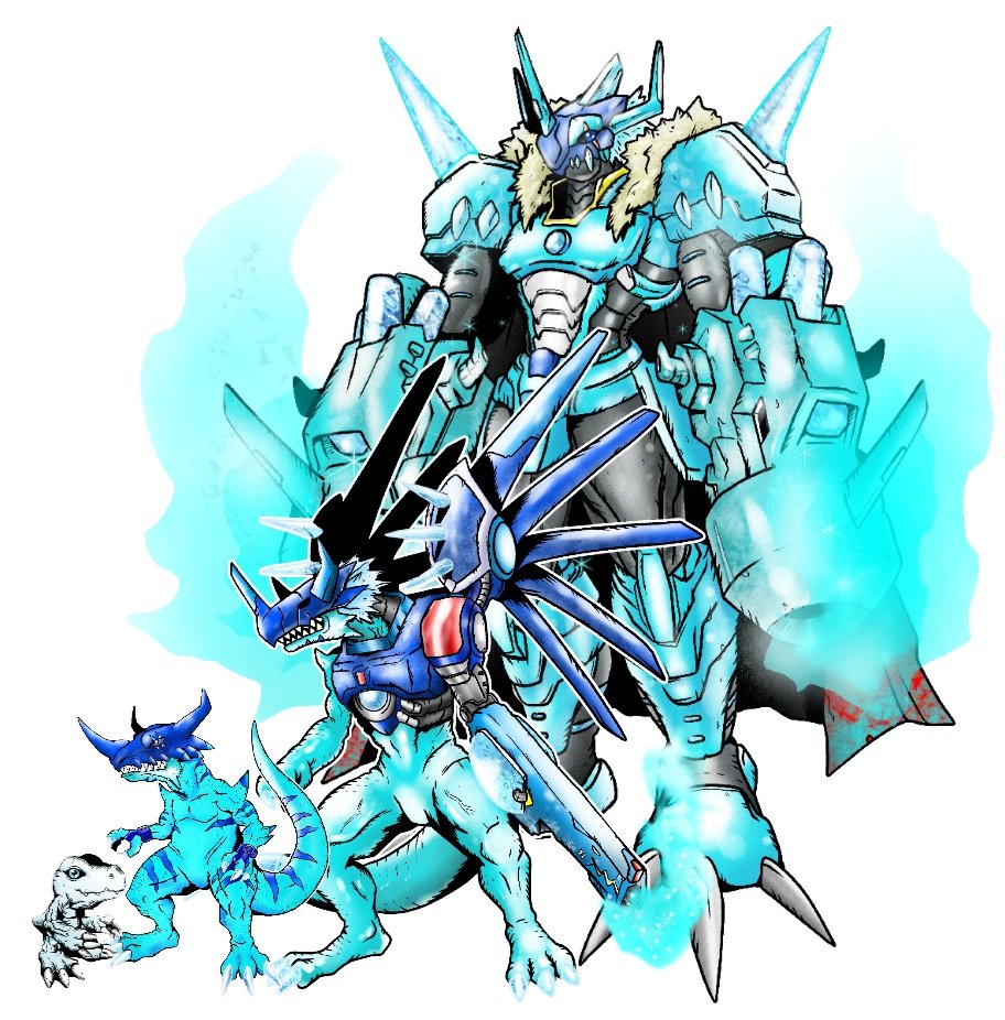 blitzgreymon digimon digimon_(creature) evolutionary_line geogreymon ice original rizegreymon tyrannosaurus_rex wings yukiagumon