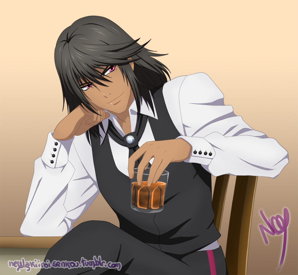 1boy black_hair chair clothes dark_skin dark-skinned_male drink gaius_(tales) glass long_hair male_focus necktie neylakiiroisenkou pants purple_eyes shirt simple_background sitting smile solo tales_of_(series) tales_of_xillia tales_of_xillia_2