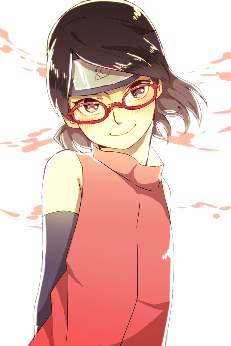 10s 1girl arms_behind_back black_eyes black_hair blush boruto:_naruto_next_generations detached_sleeves female_focus forehead_protector glasses highres looking_at_viewer mizuto_(o96ap) naruto_(series) red-framed_eyewear short_hair smile solo uchiha_sarada upper_body white_background