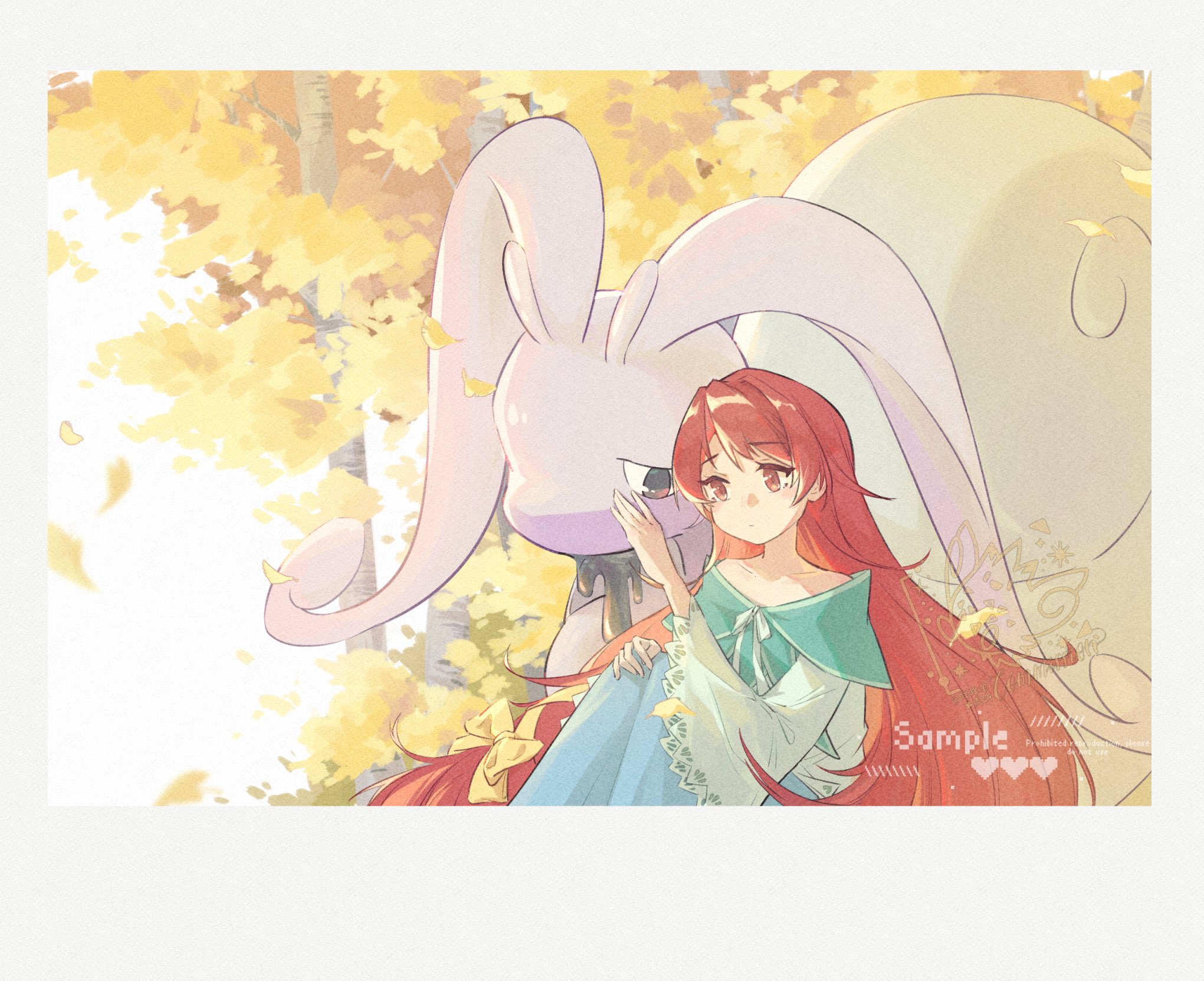 1girl blue_skirt bow closed_mouth commission dot_mouth game_freak green_shirt grey_eyes highres hisuian_goodra long_sleeves looking_at_another nintendo outdoors pokemon pokemon_(creature) red_eyes red_hair robinlovesop shell shirt skirt slime_(substance) snail upper_body white_background yellow_bow
