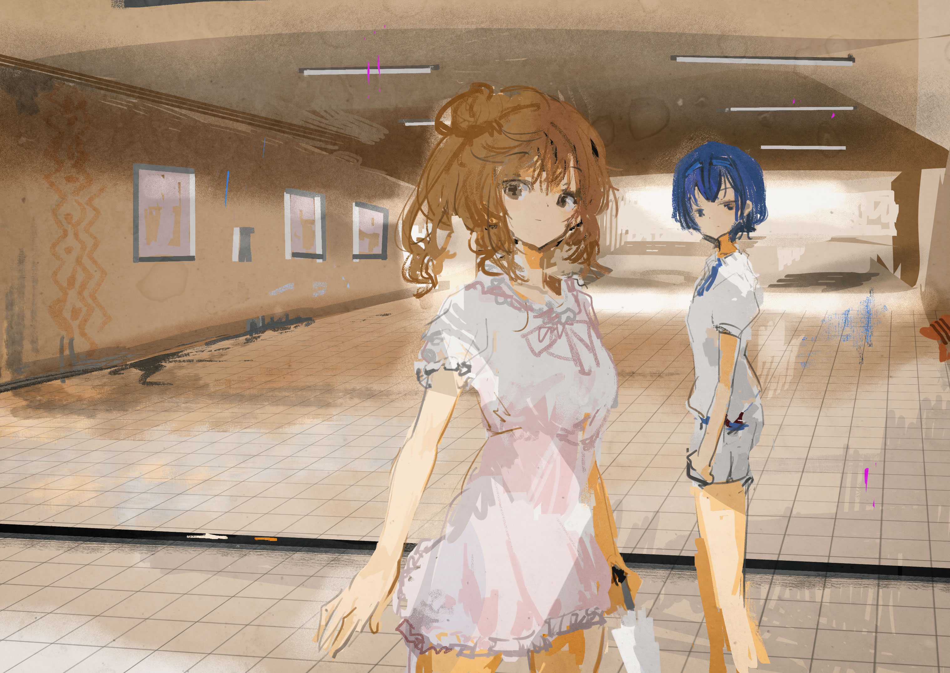 2girls black_eyes blue_hair blue_hairband breasts brown_eyes brown_hair ceiling_light cevio closed_mouth closed_umbrella commentary_request dress feet_out_of_frame hairband hallway highres holding holding_umbrella indoors kabuyama_kaigi large_breasts looking_at_viewer looking_to_the_side medium_hair multiple_girls puffy_short_sleeves puffy_sleeves ramp satou_sasara shirt short_dress short_hair short_sleeves shorts side_ponytail standing suzuki_tsudumi tile_floor tiles umbrella white_dress white_shirt white_shorts
