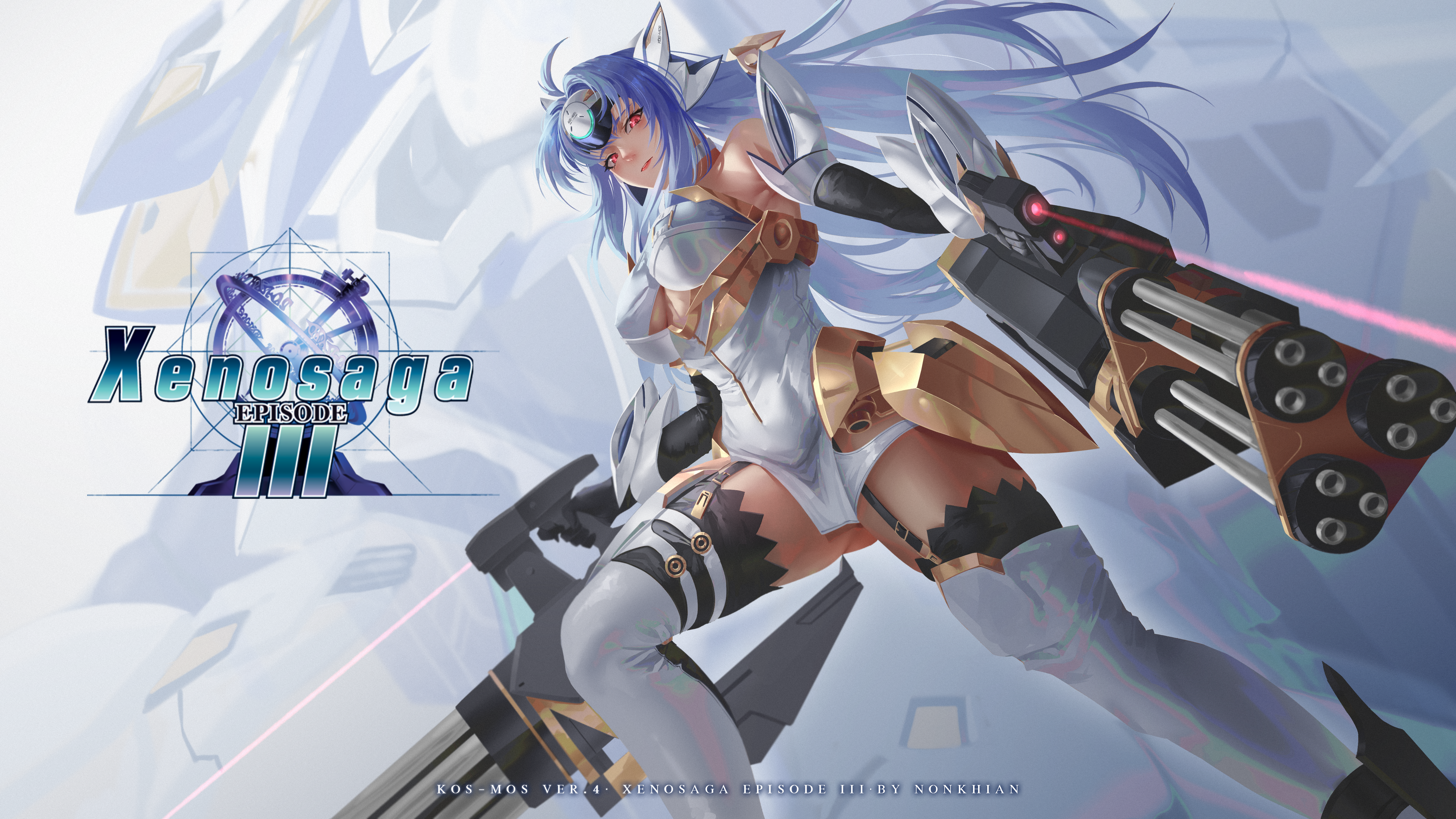 1girl absurdres android blue_hair breasts character_name closed_mouth commentary copyright_name detached_sleeves dress english_commentary forehead_protector garter_straps gatling_gun gun highres holding holding_gun holding_weapon kos-mos kos-mos_ver._4 large_breasts logo long_hair looking_at_viewer nonkhian red_eyes short_dress solo weapon white_dress xenosaga xenosaga_episode_iii