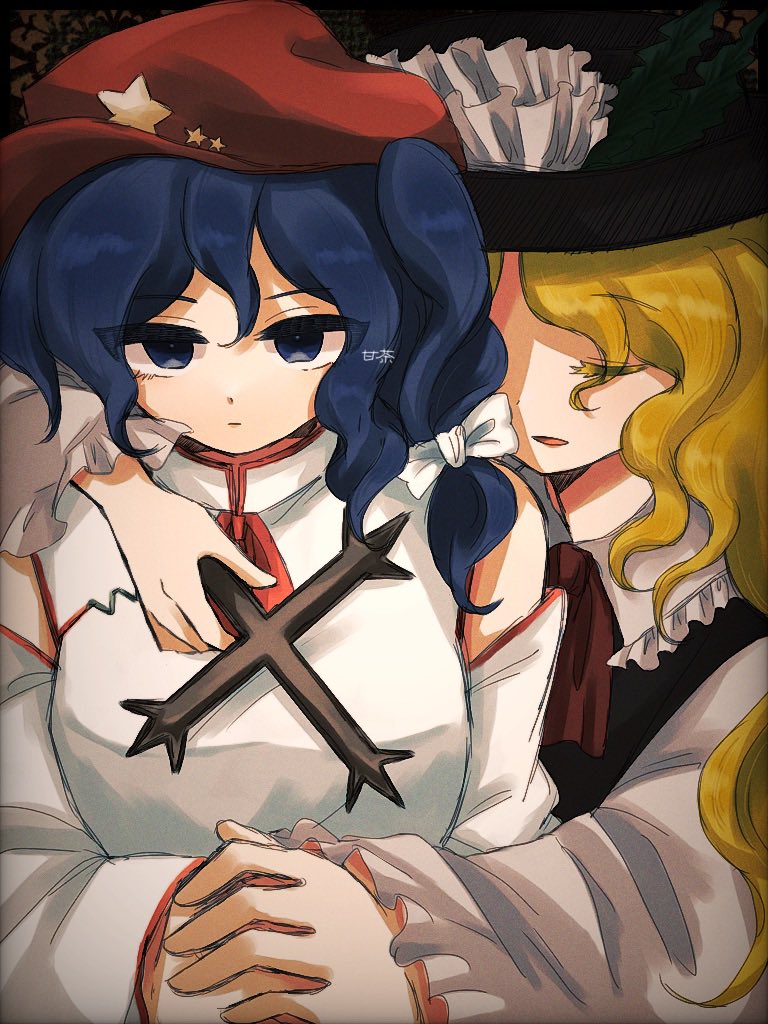 2girls amacha_0000 black_hat black_vest blonde_hair blue_eyes blue_hair commentary_request detached_sleeves dolls_in_pseudo_paradise flat_cap hat hat_ornament hug jacket_girl_(dipp) label_girl_(dipp) long_sleeves mandarin_collar medium_hair multiple_girls neck_ribbon red_hat red_ribbon ribbon shirt side_ponytail star_(symbol) star_hat_ornament touhou vest white_shirt wide_sleeves