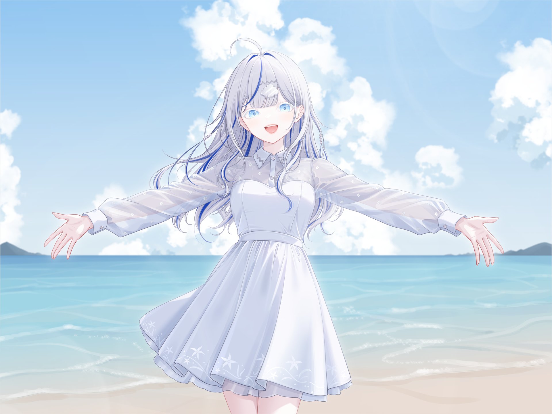 1girl ahoge aokumo_rin beach blue_eyes collared_dress colored_eyelashes commentary_request cowboy_shot dress highres long_hair long_sleeves looking_at_viewer multicolored_hair myomomoo open_mouth outdoors outstretched_arms see-through_clothes see-through_sleeves smile solo stellive streaked_hair virtual_youtuber white_dress white_eyelashes white_hair
