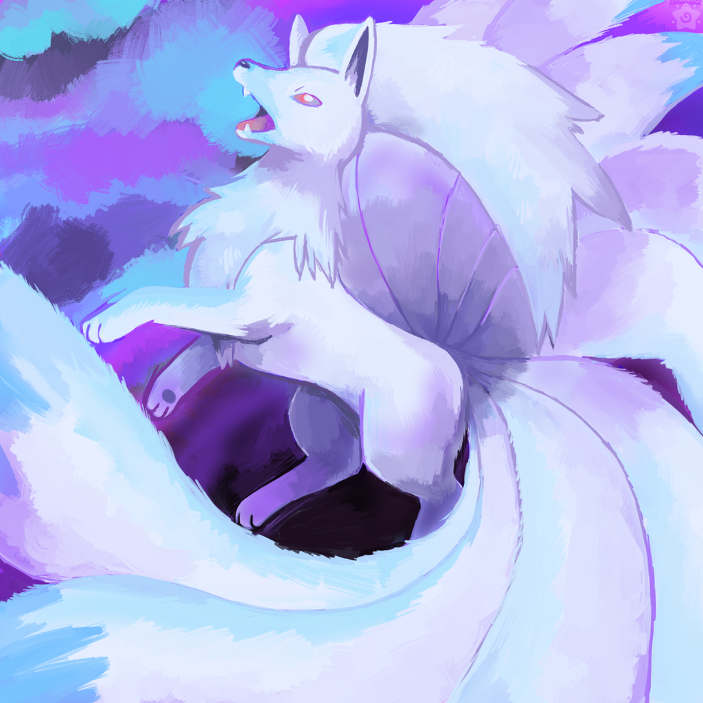 alternate_color animal_focus bright_pupils commentary crayonchewer gen_1_pokemon ninetales nintendo no_humans open_mouth pawpads pokemon pokemon_(creature) purple_background red_eyes shiny_pokemon solo white_pupils