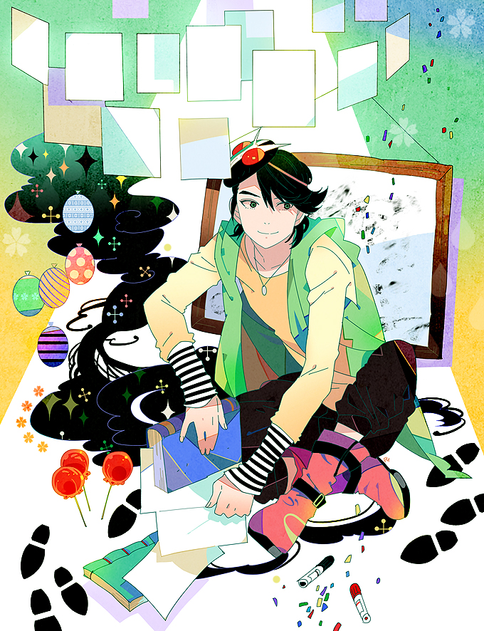 1boy bad_id bad_pixiv_id balloon black_hair book boots candy_apple confetti cosplay food footprints funpjinju green_eyes hood jewelry kamen_rider kamen_rider_double kamen_rider_double_(cosplay) kamen_rider_w legs_folded long_sleeves looking_to_the_side male_focus marker mask necklace pants paper philip philip_(kamen_rider) sitting sleeves_past_wrists smile solo sparkle swept_bangs vest