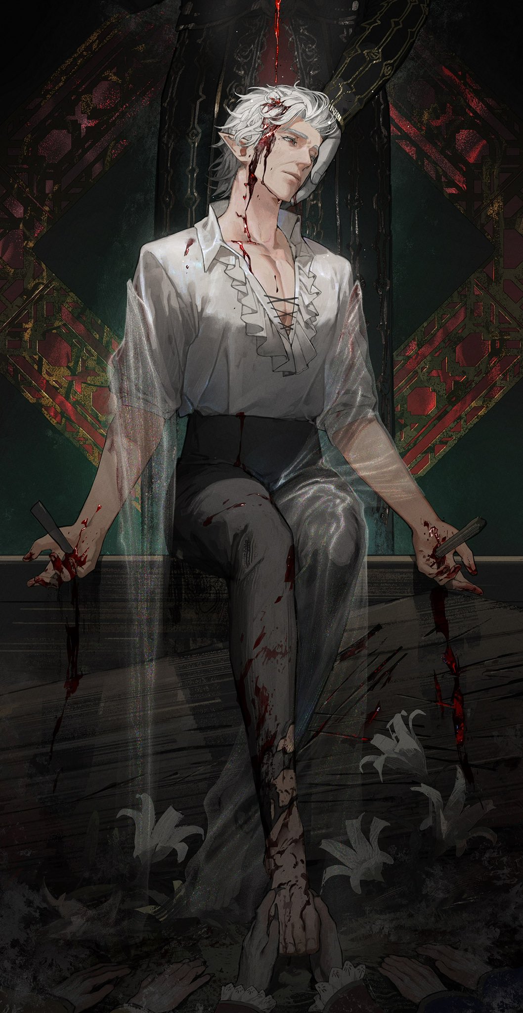 1boy astarion baldur&#039;s_gate baldur&#039;s_gate_3 barefoot black_pants bleeding blood blood_in_hair blood_on_clothes blood_on_face blood_on_hands collarbone collared_shirt crossed_ankles dripping eboda-x elf flower frilled_shirt frills from_side full_body highres holding_another&#039;s_foot impaled injury looking_afar male_focus out_of_frame pants pectoral_cleavage pectorals pointy_ears pouring red_eyes shirt shirt_tucked_in short_hair sitting solo_focus torn_clothes torn_pants veil white_flower white_hair white_shirt