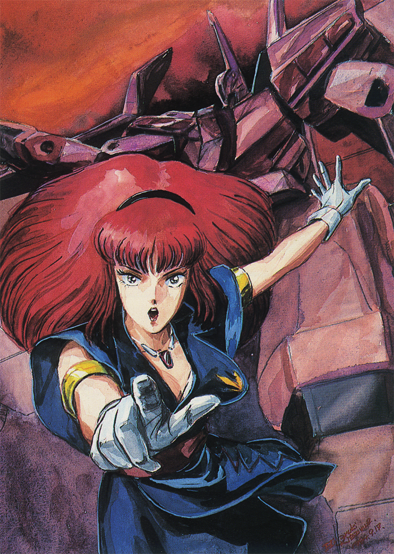 1980s_(style) 1984_(year) 1girl dated gaw_ha_leccee gloves hairband juusenki_l-gaim kitazume_hiroyuki mecha nouvelle_d.sserd official_art oldschool painting_(medium) pointing pointing_at_viewer promotional_art red_hair retro_artstyle robot scan science_fiction signature traditional_media uniform