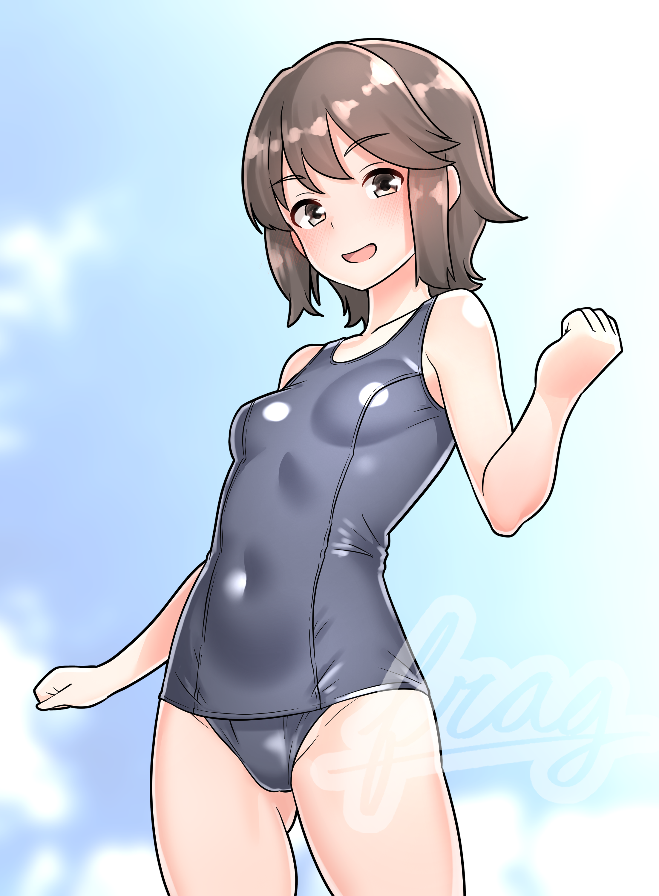 1girl absurdres beach blush breasts brown_eyes brown_hair covered_navel day furaggu_(frag_0416) gluteal_fold highres kantai_collection miyuki_(kancolle) old_school_swimsuit open_mouth outdoors school_swimsuit short_hair small_breasts smile swimsuit