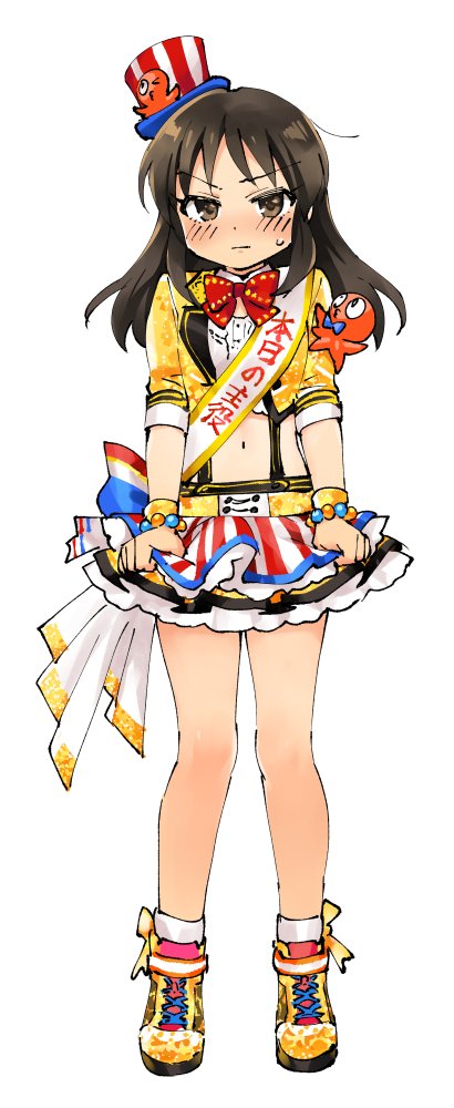 1girl bare_legs black_hair blazer blush bow bowtie bracelet brown_eyes commentary cosplay embarrassed facing_viewer female_focus frilled_skirt frills full_body hair_ornament hat idol idolmaster idolmaster_cinderella_girls idolmaster_cinderella_girls_starlight_stage jacket jewelry long_hair looking_at_viewer midriff mini_hat miridereningen namba_emi namba_emi_(cosplay) navel octopus sash shoes skirt skirt_hold sleeves_rolled_up solo sweatdrop tachibana_arisu yellow_blazer yellow_shoes